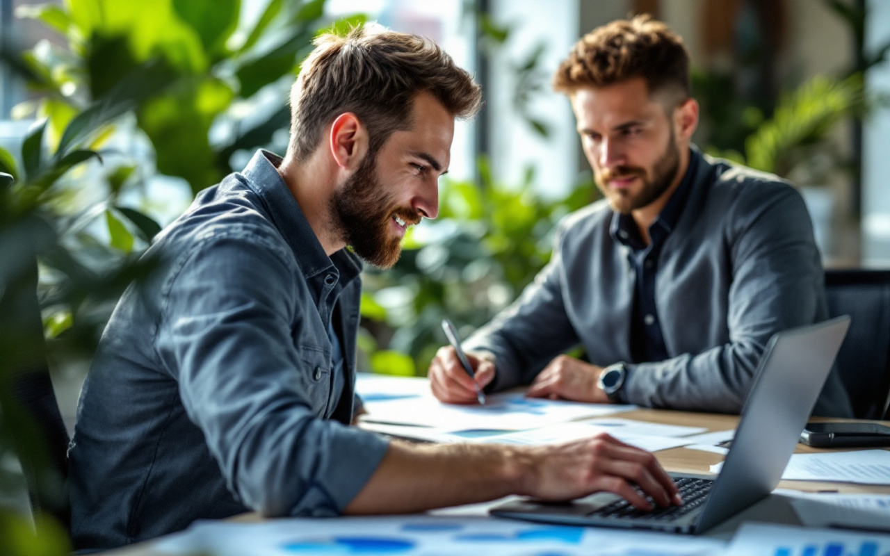 Un homme assis à un bureau, en train d'analyser des statistiques sportives sur son ordinateur portable, avec des papiers et des graphiques autour de lui, l'air concentré dans un bureau éclairé naturellement.