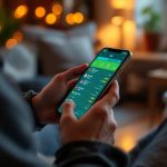 Combien de disciplines sportives sont disponibles sur Melbet APK et lesquelles privilégier Une personne en train de placer des paris sportifs sur son smartphone, avec l'écran montrant des cotes, dans un salon confortable avec un éclairage chaleureux.