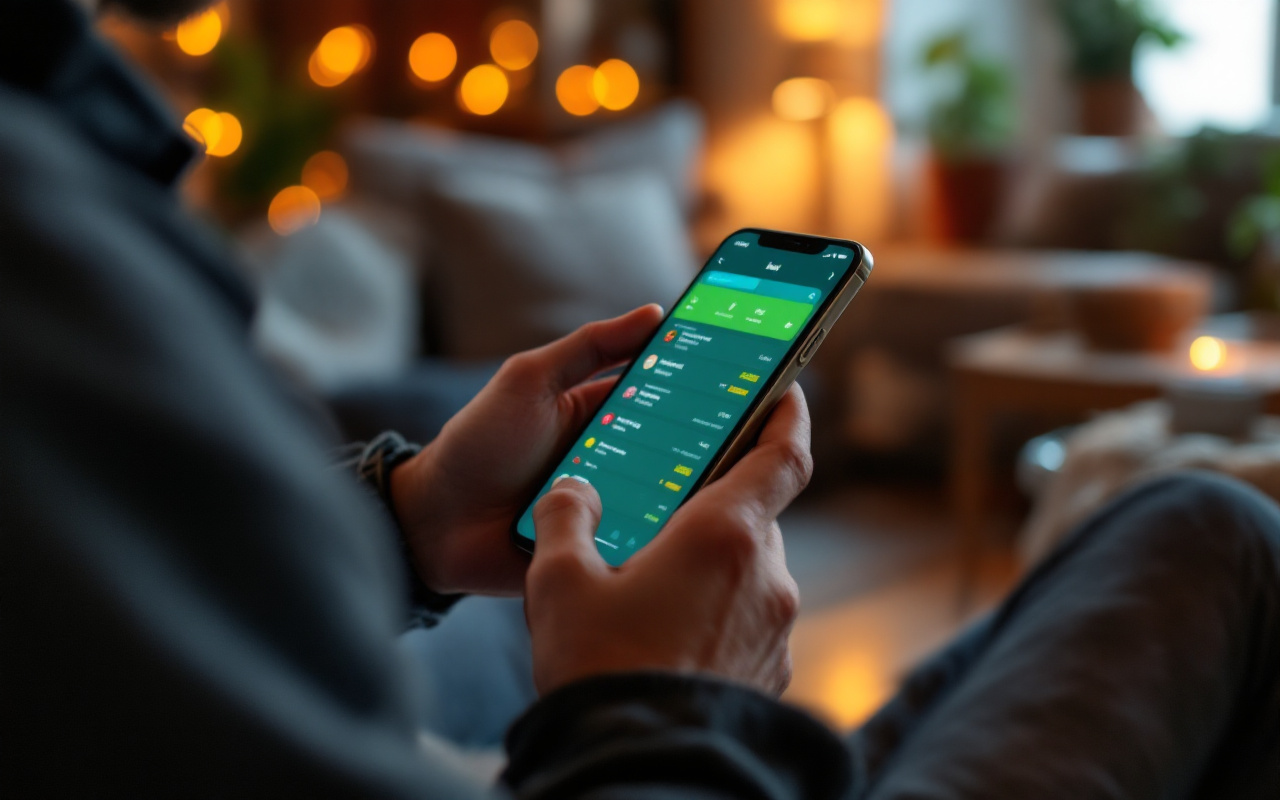 Une personne en train de placer des paris sportifs sur son smartphone, avec l'écran montrant des cotes, dans un salon confortable avec un éclairage chaleureux.