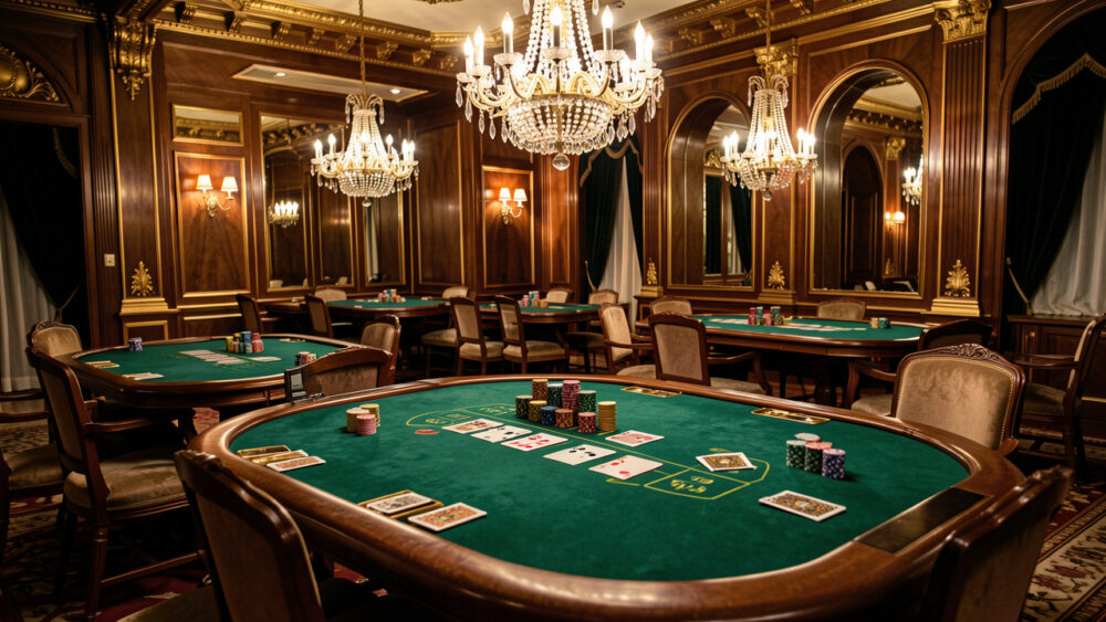 Intérieur élégant d’un casino parisien avec tables en velours vert, cartes et jetons disposés comme éléments décoratifs sous une lumière chaleureuse.