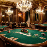Intérieur élégant d’un casino parisien avec tables en velours vert, cartes et jetons disposés comme éléments décoratifs sous une lumière chaleureuse.