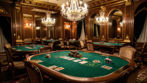 Intérieur élégant d’un casino parisien avec tables en velours vert, cartes et jetons disposés comme éléments décoratifs sous une lumière chaleureuse.