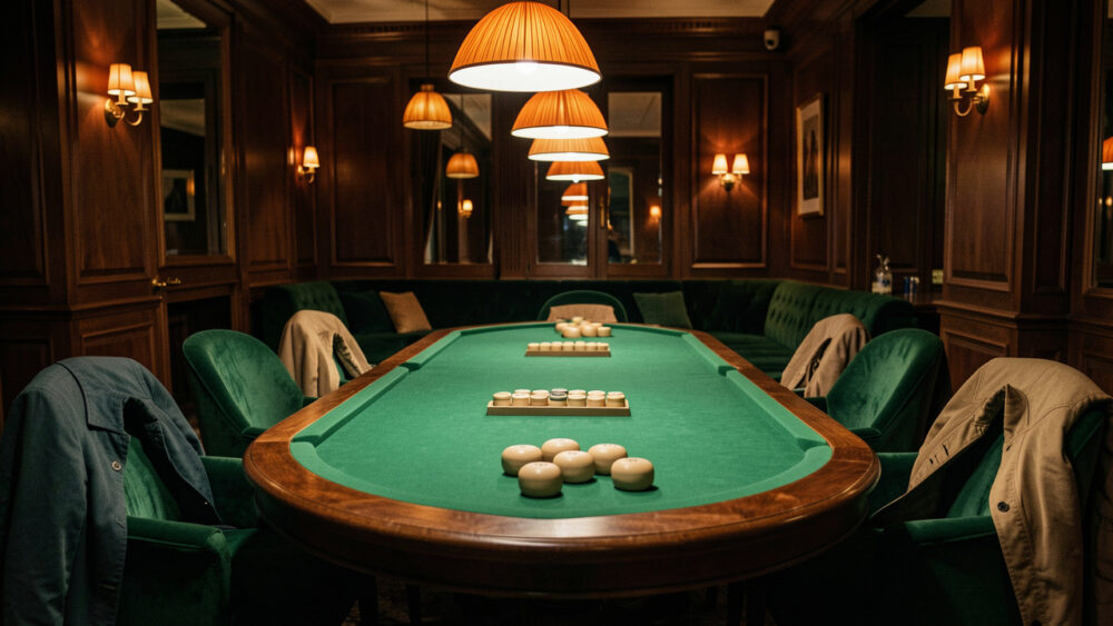 Salon parisien élégant et chaleureux avec une table recouverte de feutre vert, des fauteuils en velours et une lumière dorée en soirée.