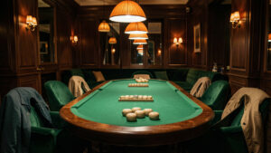 Salon parisien élégant et chaleureux avec une table recouverte de feutre vert, des fauteuils en velours et une lumière dorée en soirée.