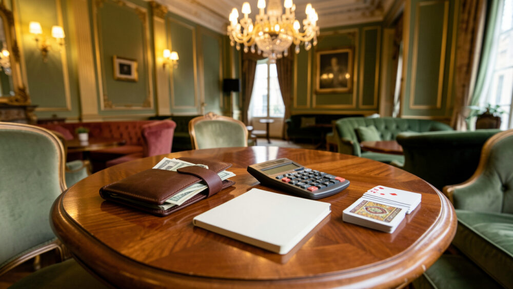 Portefeuille, enveloppe de budget, calculatrice, carnet vierge et cartes à jouer disposés sur une table en bois dans une ambiance élégante parisienne.
