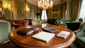Portefeuille, enveloppe de budget, calculatrice, carnet vierge et cartes à jouer disposés sur une table en bois dans une ambiance élégante parisienne.