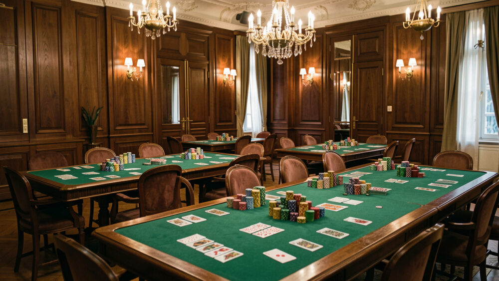 Salle parisienne élégante et sobre avec des tables de tournoi, des jetons colorés et des cartes face cachée, éclairée par de doux lustres.