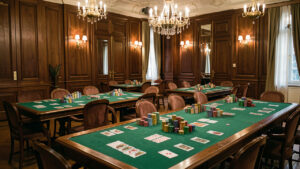 Salle parisienne élégante et sobre avec des tables de tournoi, des jetons colorés et des cartes face cachée, éclairée par de doux lustres.